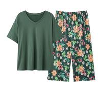 Women's Pajamas Set Short Sleeve V Neck Sleepwear Top and Capri Pj Lounge Sets Plus Size