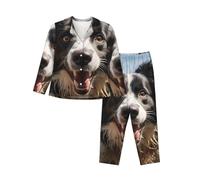 Womens Pajamas Set Soft Long Sleeve Sleepwear Button Down Pjs Pastor Border Collie Lounge Set Nightwear with Pockets, Black, XXL