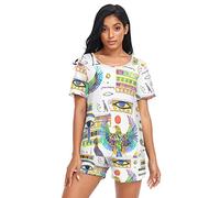Womens Pajamas Sets Ancient Egyptian Symbols Summer Sleepwear Nightwear T-Shirt and Shorts Lounge Set for Womens Girls Multicolor