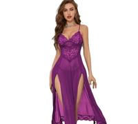 Women's Pajamas Spaghetti Strap Sex Fashion Erotic Lingerie Lace Perspective Sexy Clothing C-Purple M