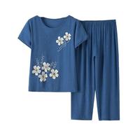 Women'S Pajamas - Summer Middle Aged Mother Sleepwear Short Sleeve Cotton Linen Nightwear Women Two-Piece Set Xl-4Xl Casual Plus Size