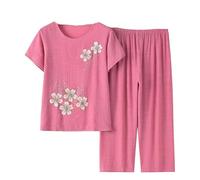 Women'S Pajamas - Summer Middle Aged Mother Sleepwear Short Sleeve Cotton Linen Nightwear Women Two-Piece Set Xl-4Xl Loose Plus Size