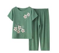 Women'S Pajamas - Summer Middle Aged Mother Sleepwear Short Sleeve Cotton Linen Nightwear Women Two-Piece Set Xl-4Xl Loose Plus Size