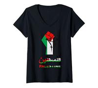 Womens Palestine Flag Fist Free Palestinian People Banner Arabic V-Neck T-Shirt
