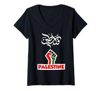 Womens Palestine Free in Arabic Gaza Flag V-Neck T-Shirt