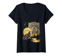 Women's Pallas's Cat Howling to The Moon Meme Funny 90's Cat Lover V-Neck T-Shirt