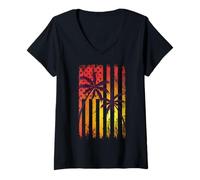 Women's Palm Tree Beach Sunset US America Flag Summer Vacation V-Neck T-Shirt