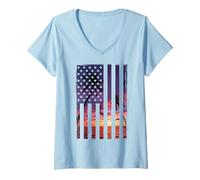 Women's Palm Tree Beach Sunset Vintage US America Flag Summer V-Neck T-Shirt