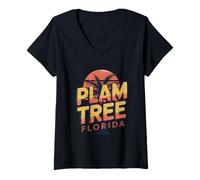 Women's Palm Tree Florida Sunset Minimal Line Style Design V-Neck T-Shirt