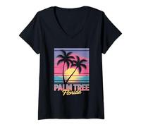 Women's Palm Tree Florida Sunset Minimal Line Style Design V-Neck T-Shirt