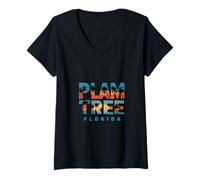 Women's Palm Tree Florida Sunset Minimal Line Style Design V-Neck T-Shirt