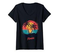 Women's Palm Tree Florida Sunset Minimal Line Style Design V-Neck T-Shirt