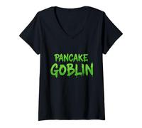 Womens Pancake Goblin Mini Pan Cake Batter Mix Recipe Griddle Green V-Neck T-Shirt