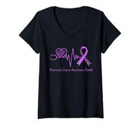 Womens Pancreatic Cancer Awareness Fight Support Purple Ribbon V-Neck T-Shirt