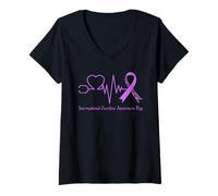Womens Pancreatic Cancer Awareness Fight Support Purple Ribbon V-Neck T-Shirt