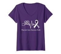 Womens Pancreatic Cancer Awareness Fight Support Purple Ribbon V-Neck T-Shirt