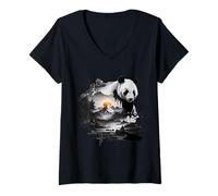 Womens Panda and Mountain Sunrise V-Neck T-Shirt