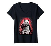 Womens Panda Angry Don't Touch My Phone V-Neck T-Shirt