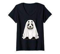 Women's Panda Bear Dressed As A Ghost Halloween V-Neck T-Shirt