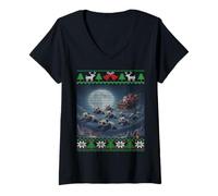 Womens Panda Bears on Santa's Sleigh Ugly Christmas V-Neck T-Shirt