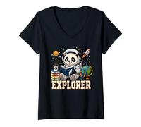 Women's Panda Explorer Space Study Animal Graphic V-Neck T-Shirt
