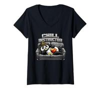 Women's Panda Lies On The Sofa Eating Chips Chill Instructor V-Neck T-Shirt