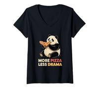 Women's Panda More Pizza Less Drama Funny Pizza V-Neck T-Shirt