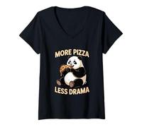Women's Panda More Pizza Less Drama Funny Pizza V-Neck T-Shirt