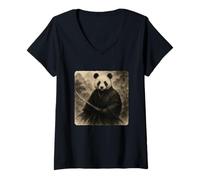 Womens Panda Samurai Warrior Katana Kimono Zen Sumi-E Vintage V-Neck T-Shirt