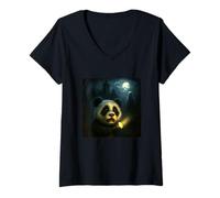 Womens Panda Scary Horror Night Flashlight Halloween Ghost V-Neck T-Shirt