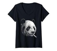 Women's Panda Smoking Cigarette Vintage Panda Funny Meme V-Neck T-Shirt