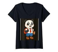 Womens Panda Student Cartoon With Book And Backpack V-Neck T-Shirt