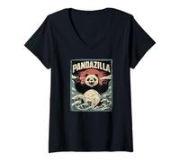 Women's Pandazilla Giant Panda Kaiju Retro Japanese Hokusai Wave V-Neck T-Shirt