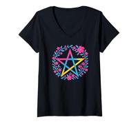 Womens Pansexual Pentagram Wiccan Pagan Pan Pride Flag Boho V-Neck T-Shirt