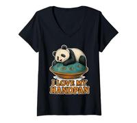 Womens Pantam - Panda with handpan and a Message 1 - Fan Fun V-Neck T-Shirt