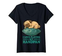 Womens Pantam - Pug with handpan and a Message 1 - Fan Fun V-Neck T-Shirt