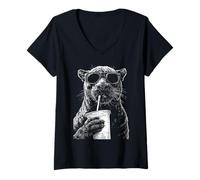 Women's Panther Drinking Iced Coffee Funny Animal Meme y2k Grunge V-Neck T-Shirt