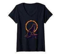 Women's Panther Howling at the Moon Total Solar Eclipse Mountain V-Neck T-Shirt