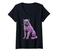 Women's Panther with Seashells Starfish Beach Shells Summer Animal V-Neck T-Shirt