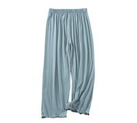Women's Pants for Women in Summer Thin Ruffled Home Pants Loose Cropped Pants Solid Color Can Be Worn Outside Casual Pants Comfortable Clothes for Women (Blue, L)