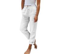 Womens Pants Linen Trousers Drawstring Elastic Waist Wide Leg Pants Solid Color Ladies Summer Casual Elasticated Trousers with Pockets Lightweight Breathe Straight Leg Joggers for Beach Holiday White