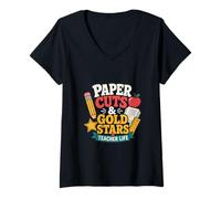 Women's Paper Cuts and Gold Stars Teacher Life Funny V-Neck T-Shirt
