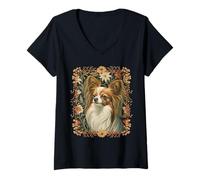 Women's Papillon Dog Red and White Vintage Design V-Neck T-Shirt