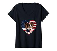 Women's Papillon Dog USA Flag Heart Patriotic Design V-Neck T-Shirt