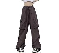 Women's Parachute Trousers with Drawstring and 4 Pockets/Cargo Trousers with Low Waistband and Elastic Waistband, Streetwear Trousers with Side Pockets, Women's Plain Hip Hop Casual Trousers, GREY-A,