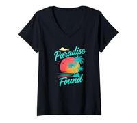 Womens Paradise Found Vintage Sunset Beach Fun Tropical Vacation V-Neck T-Shirt