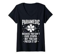 Women's Paramedic Can't Cure Stupid Patch It Up Graphic with EKG Art V-Neck T-Shirt