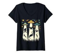 Women's Paranormal UFO Abduction Forest Bigfoot Loch Ness Monster V-Neck T-Shirt