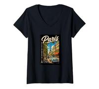 Women's Paris City Streets Eiffel Tower Classic Car Travel Graphic V-Neck T-Shirt