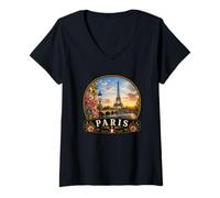 Women's Paris Eiffel Tower River Seine Floral V-Neck T-Shirt